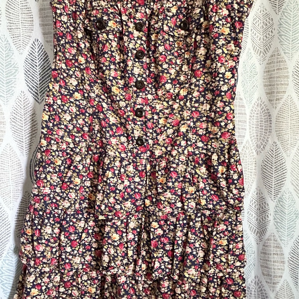 Strapless Floral Tiered Dress in Navy with Pink & Cream Accents